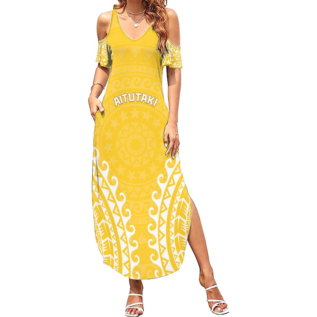 Custom Cook Islands Aitutaki Summer Maxi Dress Polynesian Tribal Tattoo LT05 Women Yellow - Polynesian Pride