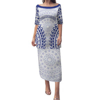 Custom Cook Islands Palmerston Puletasi Polynesian Tribal Tattoo LT05 Long Dress Navy - Polynesian Pride