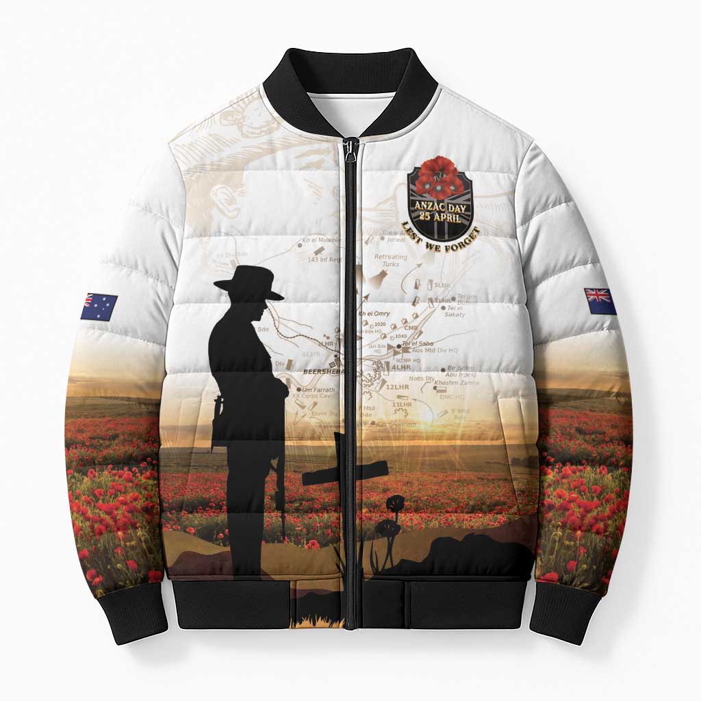 Australia And New Zealand ANZAC Day Bomber Puffer Jacket Battle Of Beersheba LT05 Unisex Beige - Polynesian Pride