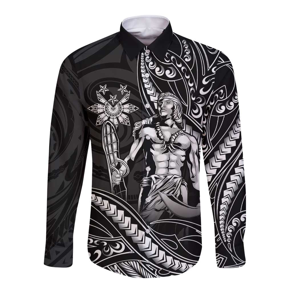 Filipinos Lapu Lapu Hero Long Sleeve Button Shirt Black Polynesian Tribal Tattoo LT05 Unisex Black - Polynesian Pride