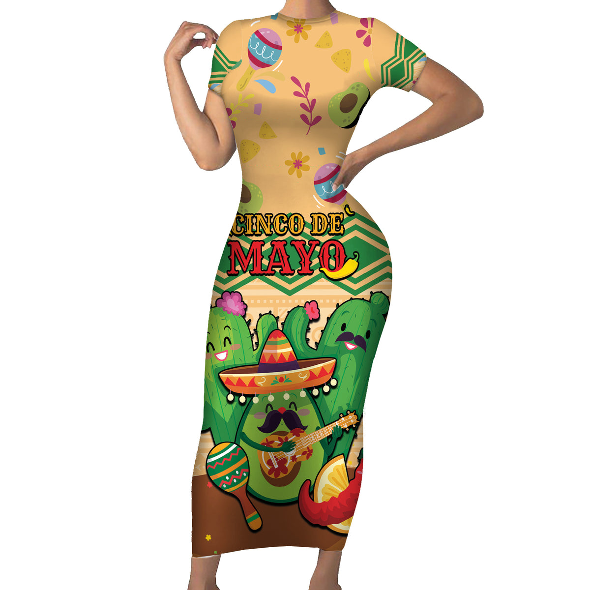 Personalised Hawaii Cinco De Mayo Short Sleeve Bodycon Dress Funny Style LT05 Long Dress Brown - Polynesian Pride