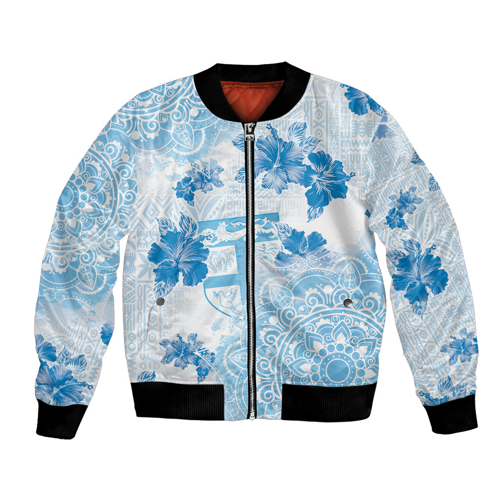 Happy Fiji Girmit Day Bomber Jacket Fijian Tapa With Mandala Pattern LT05 Unisex Blue - Polynesian Pride
