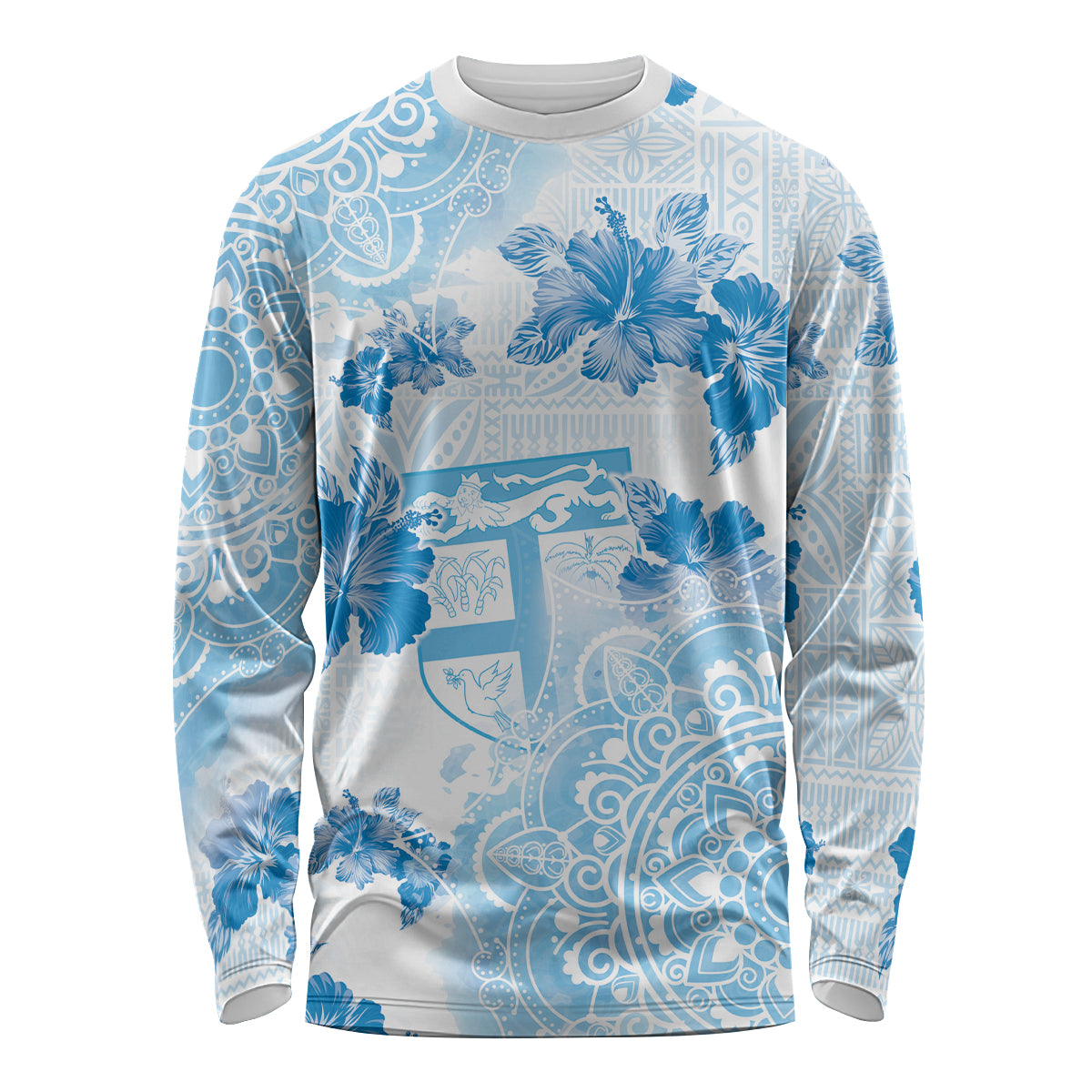 Happy Fiji Girmit Day Long Sleeve Shirt Fijian Tapa With Mandala Pattern LT05 Unisex Blue - Polynesian Pride