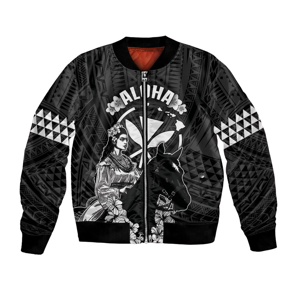 Hawaii King Kamehameha Day Parade Bomber Jacket With Pa'u Riders Plumeria Kakau Tribal Pattern LT05 Unisex Black - Polynesian Pride