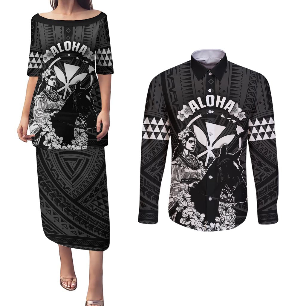 Hawaii King Kamehameha Day Parade Couples Matching Puletasi and Long Sleeve Button Shirt With Pa'u Riders Plumeria Kakau Tribal Pattern