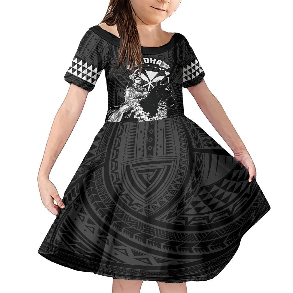 Hawaii King Kamehameha Day Parade Kid Short Sleeve Dress With Pa'u Riders Plumeria Kakau Tribal Pattern