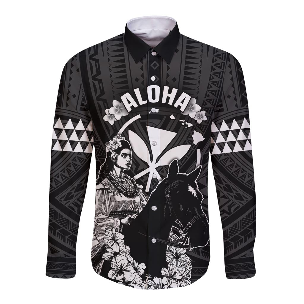 Hawaii King Kamehameha Day Parade Long Sleeve Button Shirt With Pa'u Riders Plumeria Kakau Tribal Pattern LT05 Unisex Black - Polynesian Pride