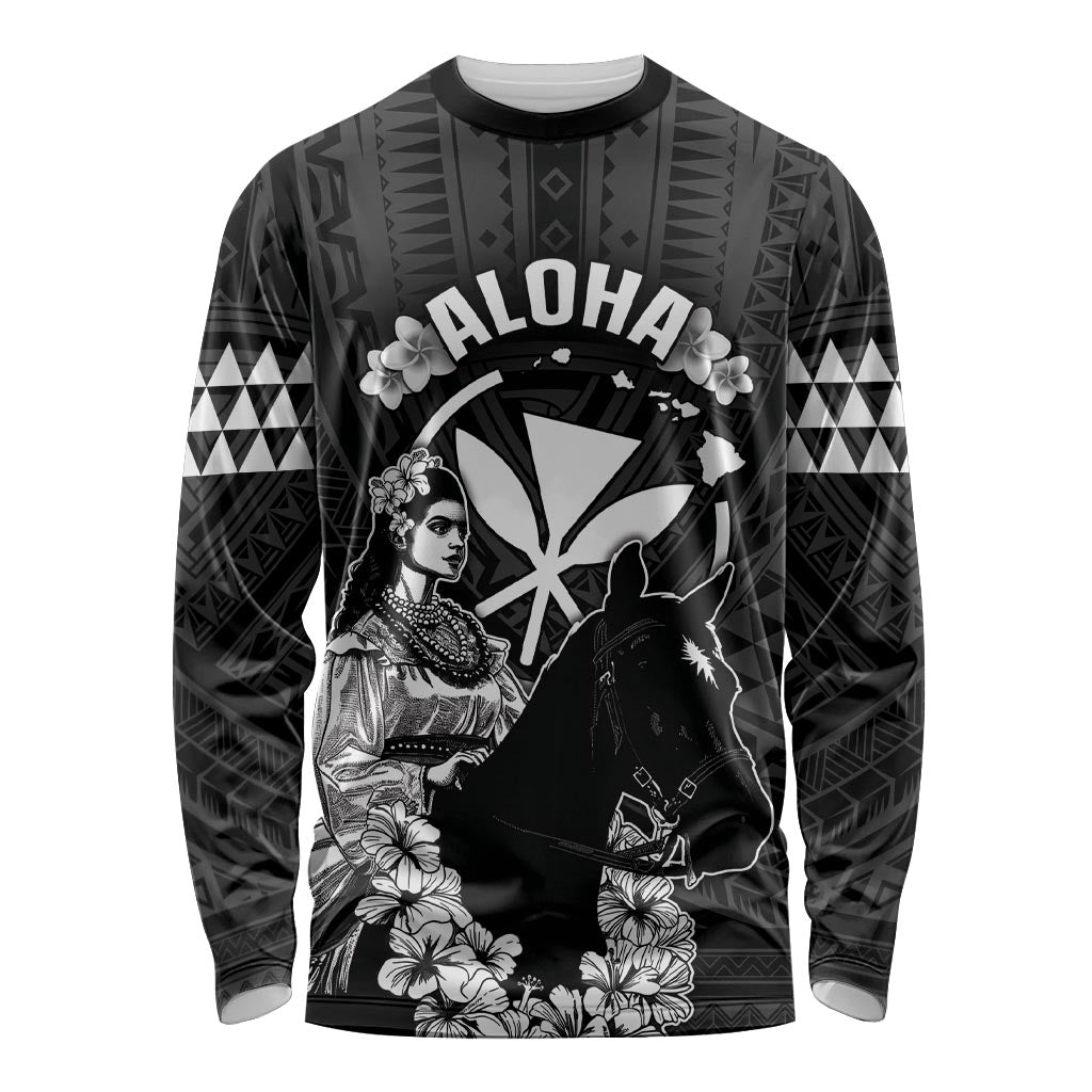 Hawaii King Kamehameha Day Parade Long Sleeve Shirt With Pa'u Riders Plumeria Kakau Tribal Pattern LT05 Unisex Black - Polynesian Pride