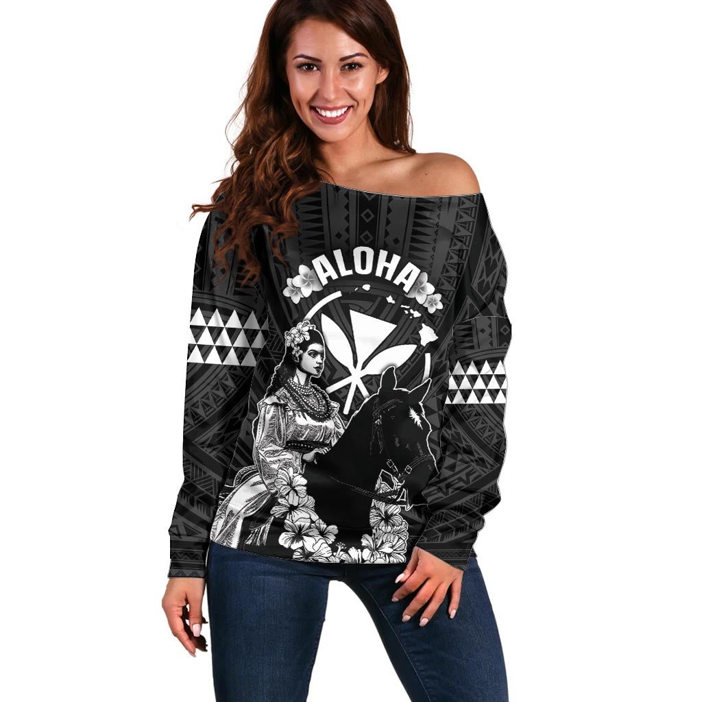 Hawaii King Kamehameha Day Parade Off Shoulder Sweater With Pa'u Riders Plumeria Kakau Tribal Pattern LT05 Women Black - Polynesian Pride