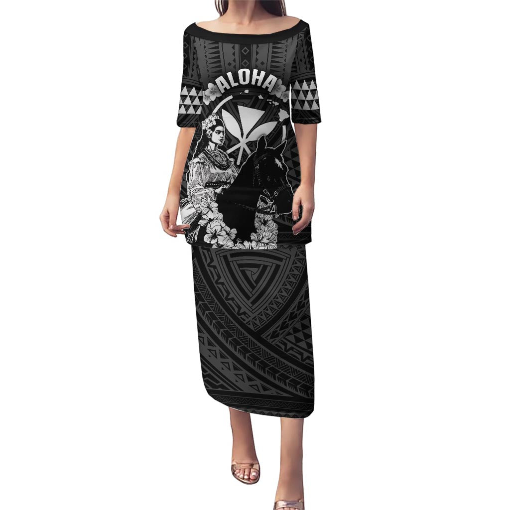 Hawaii King Kamehameha Day Parade Puletasi With Pa'u Riders Plumeria Kakau Tribal Pattern LT05 Long Dress Black - Polynesian Pride