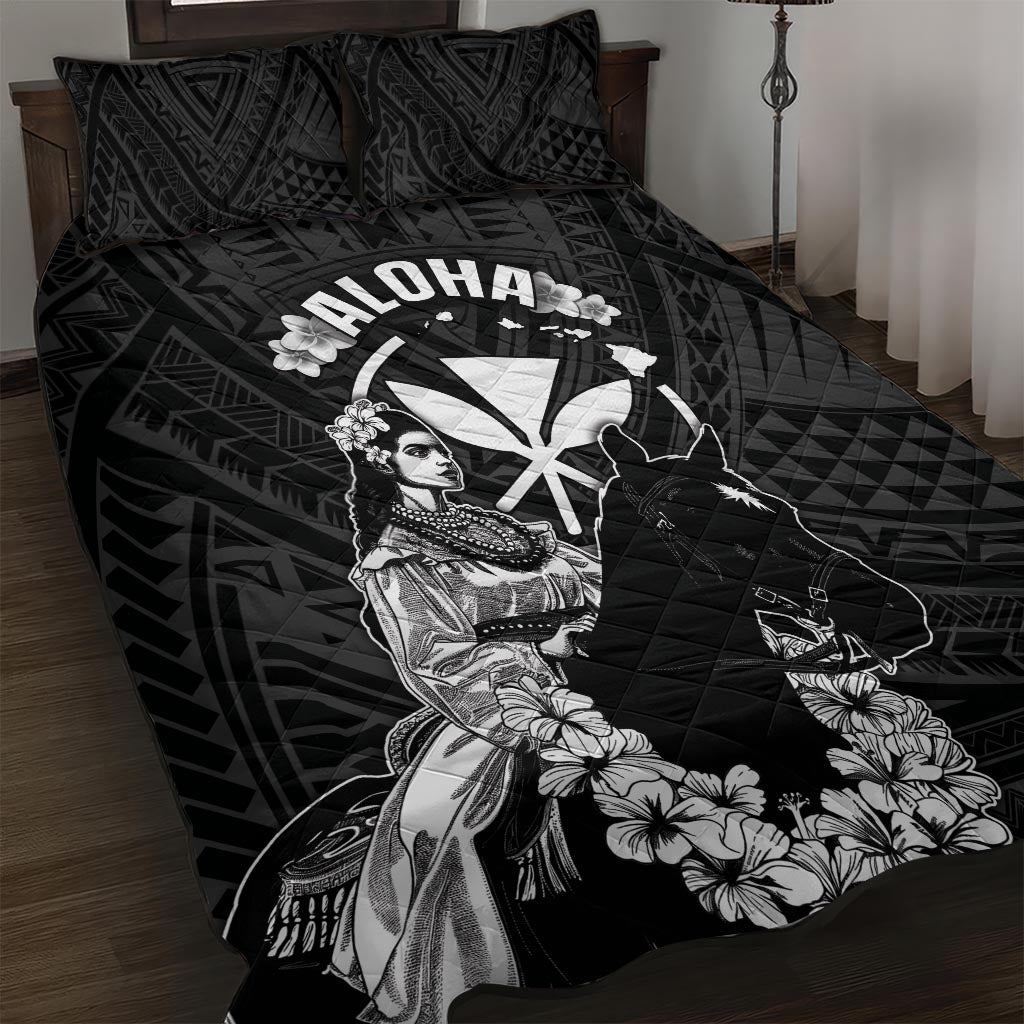 Hawaii King Kamehameha Day Parade Quilt Bed Set With Pa'u Riders Plumeria Kakau Tribal Pattern LT05 Black - Polynesian Pride