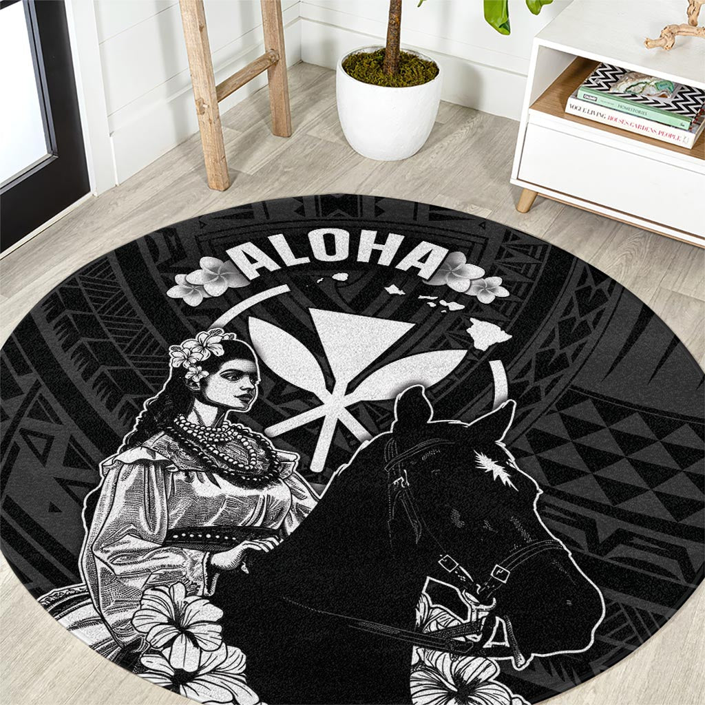 Hawaii King Kamehameha Day Parade Round Carpet With Pa'u Riders Plumeria Kakau Tribal Pattern LT05 Black - Polynesian Pride