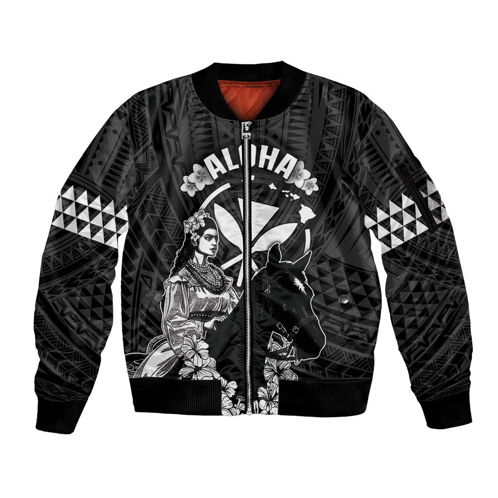 Hawaii King Kamehameha Day Parade Sleeve Zip Bomber Jacket With Pa'u Riders Plumeria Kakau Tribal Pattern LT05 Unisex Black - Polynesian Pride