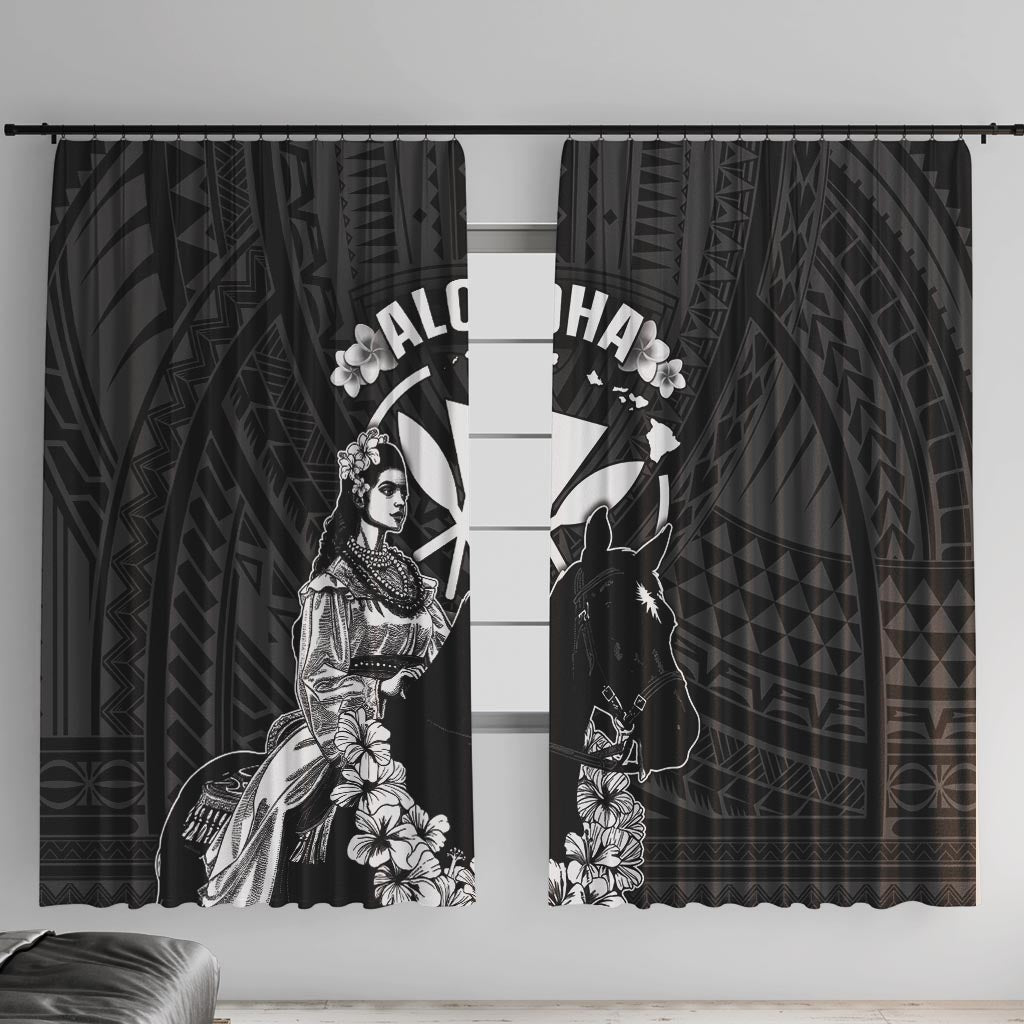 Hawaii King Kamehameha Day Parade Window Curtain With Pa'u Riders Plumeria Kakau Tribal Pattern LT05 With Hooks Black - Polynesian Pride