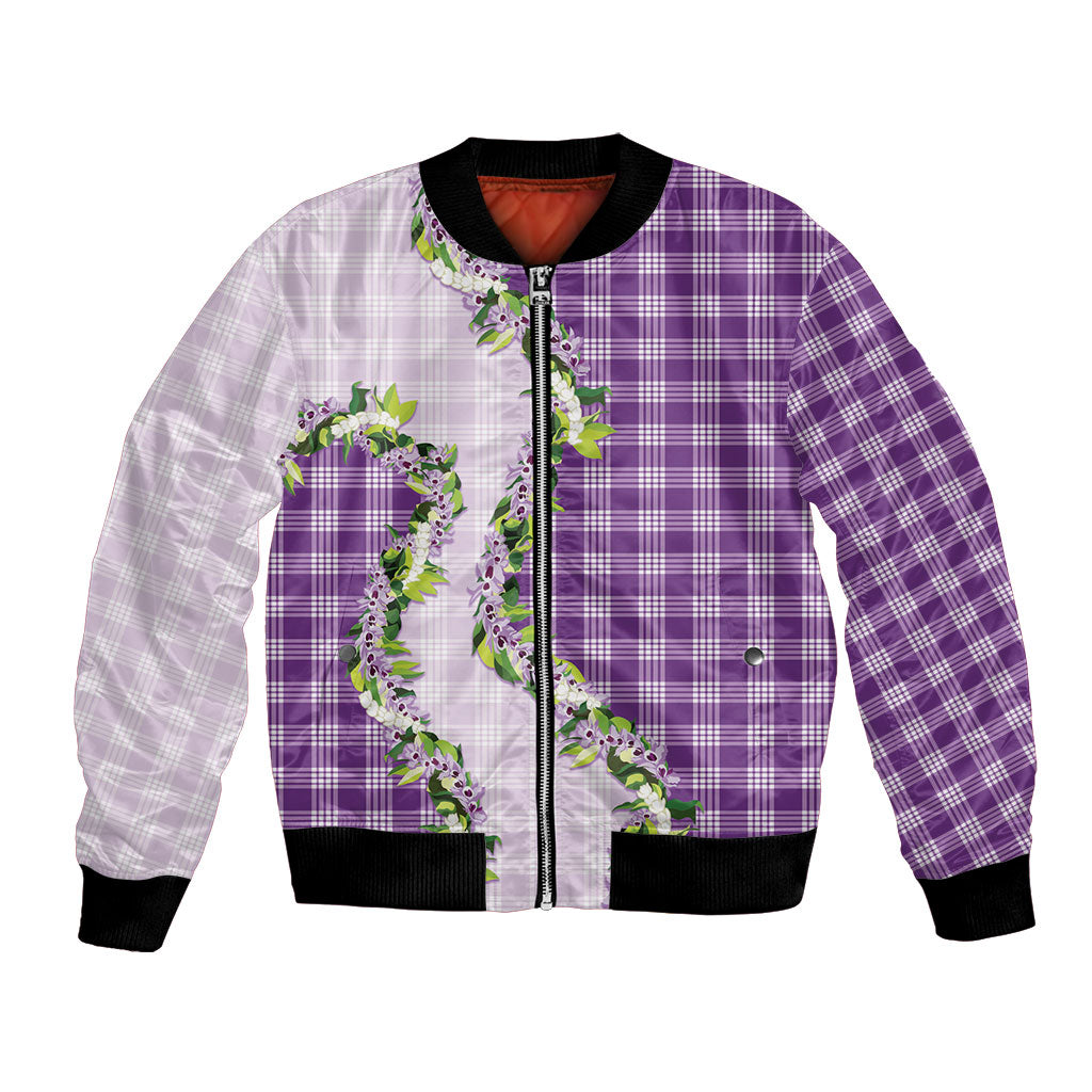 Violet Hawaii Palaka Bomber Jacket Maile Pikake Honohono Orchid Lei LT05 Unisex Violet - Polynesian Pride
