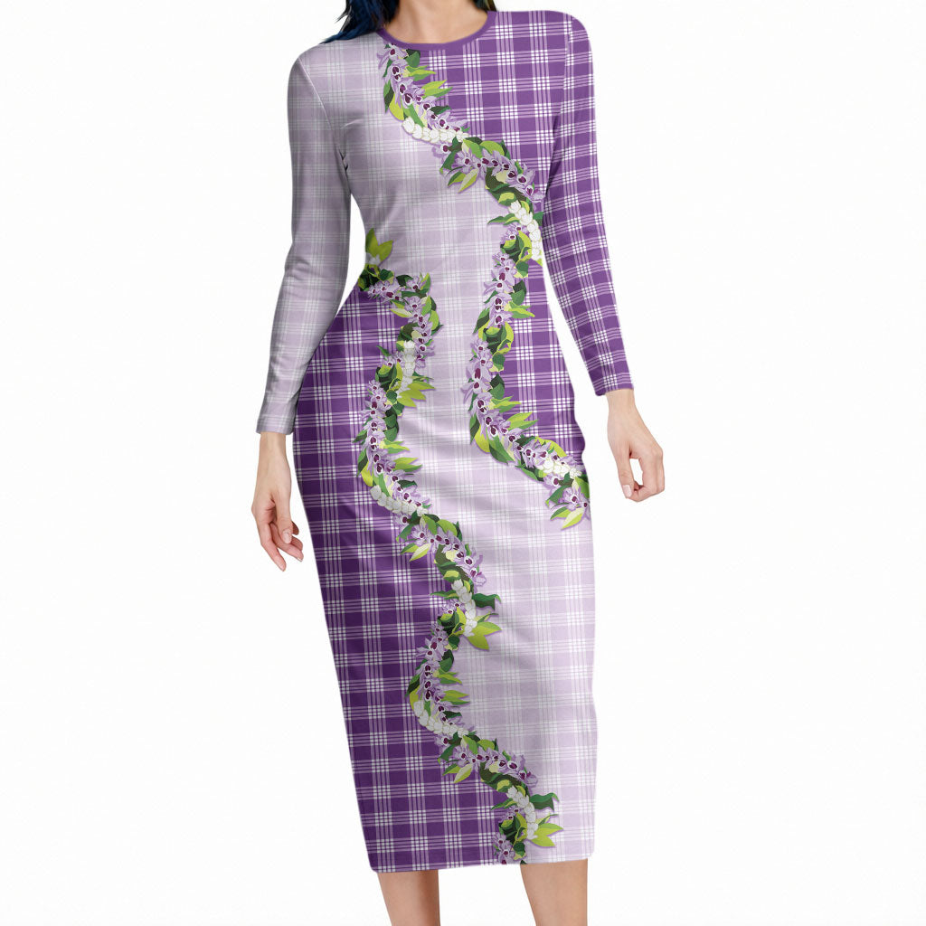 Violet Hawaii Palaka Long Sleeve Bodycon Dress Maile Pikake Honohono Orchid Lei LT05 Long Dress Violet - Polynesian Pride