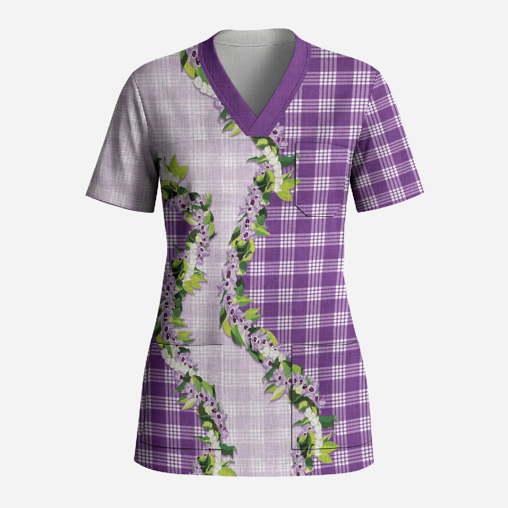Violet Hawaii Palaka Scrub Top Maile Pikake Honohono Orchid Lei LT05 Adult Violet - Polynesian Pride