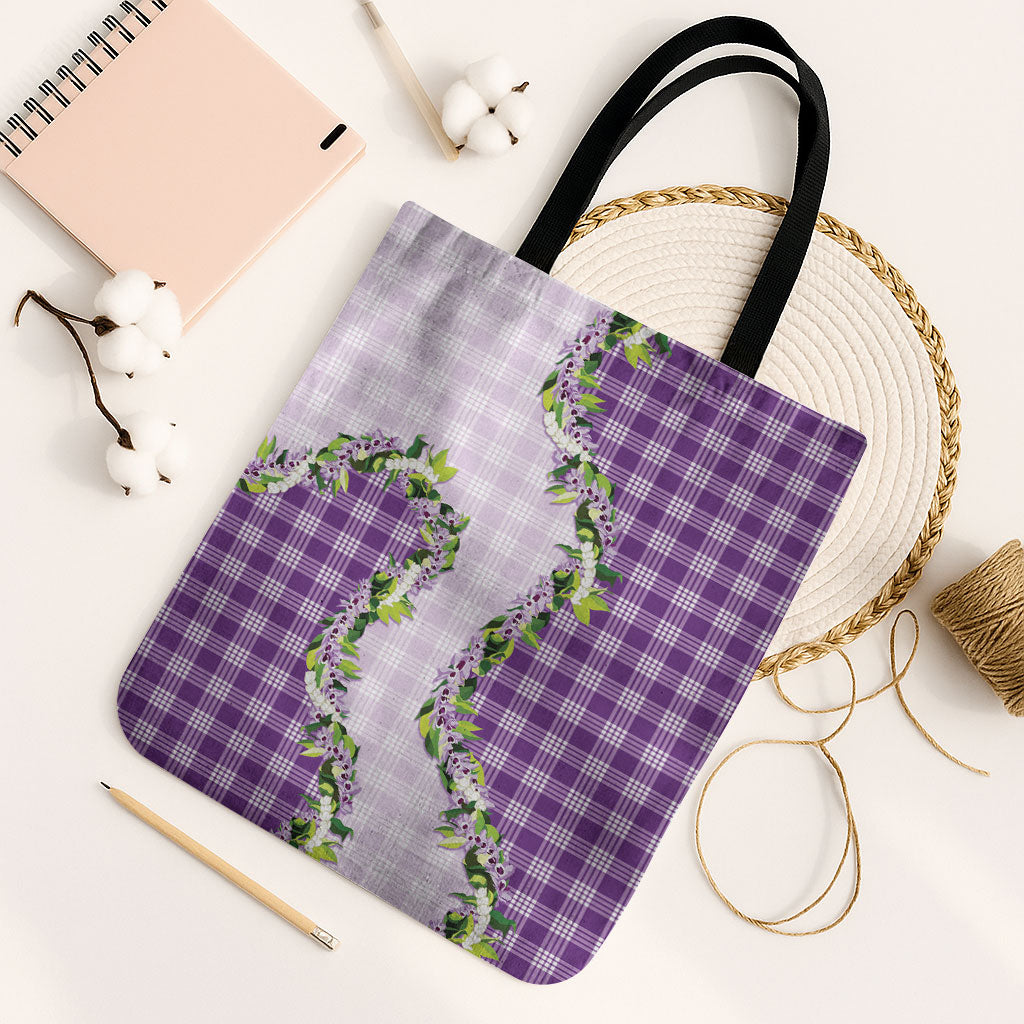 Violet Hawaii Palaka Tote Bag Maile Pikake Honohono Orchid Lei LT05 Black Strap One Size Violet - Polynesian Pride