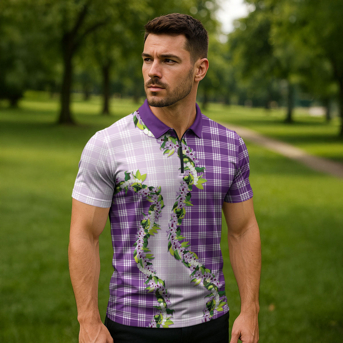 Violet Hawaii Palaka Zipper Polo Shirt Maile Pikake Honohono Orchid Lei LT05 - Polynesian Pride