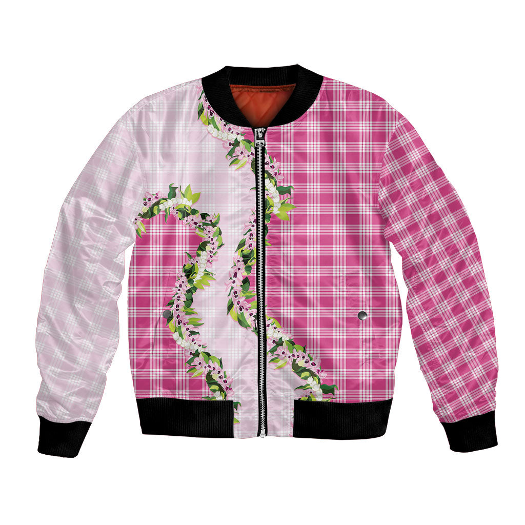 Pink Hawaii Palaka Bomber Jacket Maile Pikake Honohono Orchid Lei LT05 Unisex Pink - Polynesian Pride