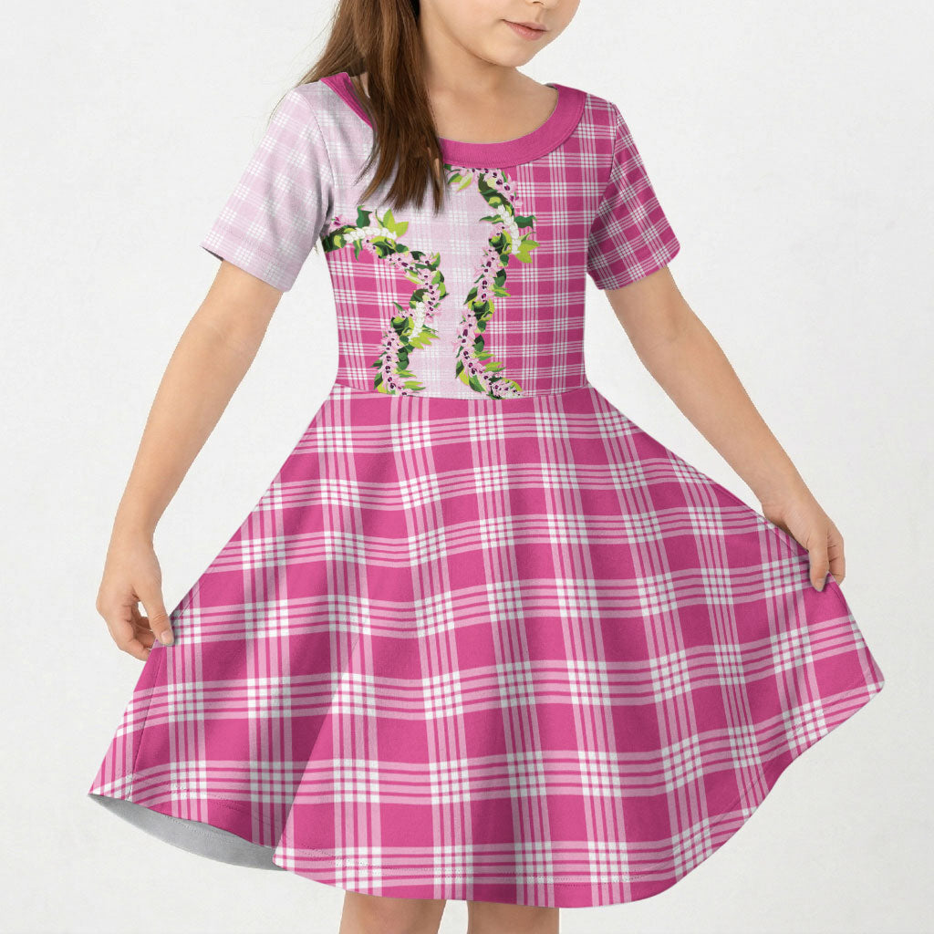 Pink Hawaii Palaka Kid Short Sleeve Dress Maile Pikake Honohono Orchid Lei LT05 KID Pink - Polynesian Pride