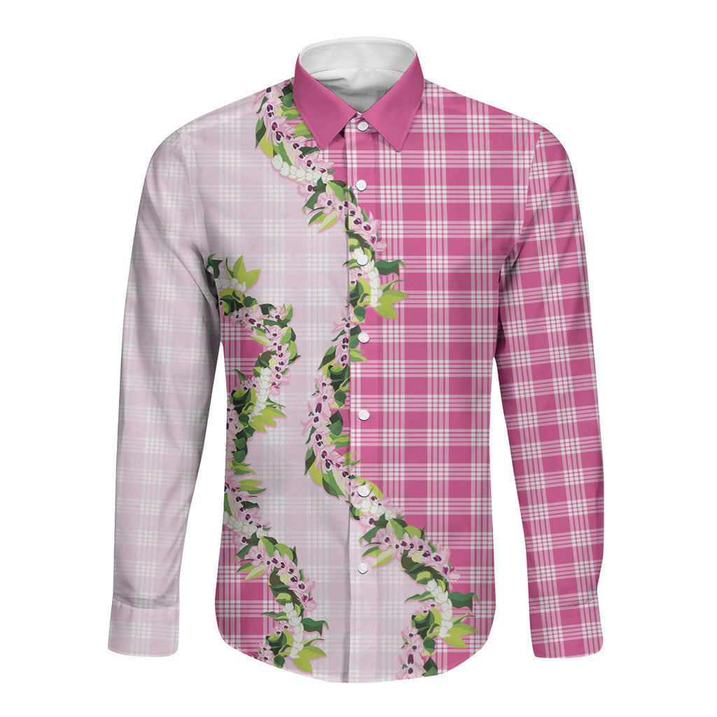 Pink Hawaii Palaka Long Sleeve Button Shirt Maile Pikake Honohono Orchid Lei LT05 Unisex Pink - Polynesian Pride