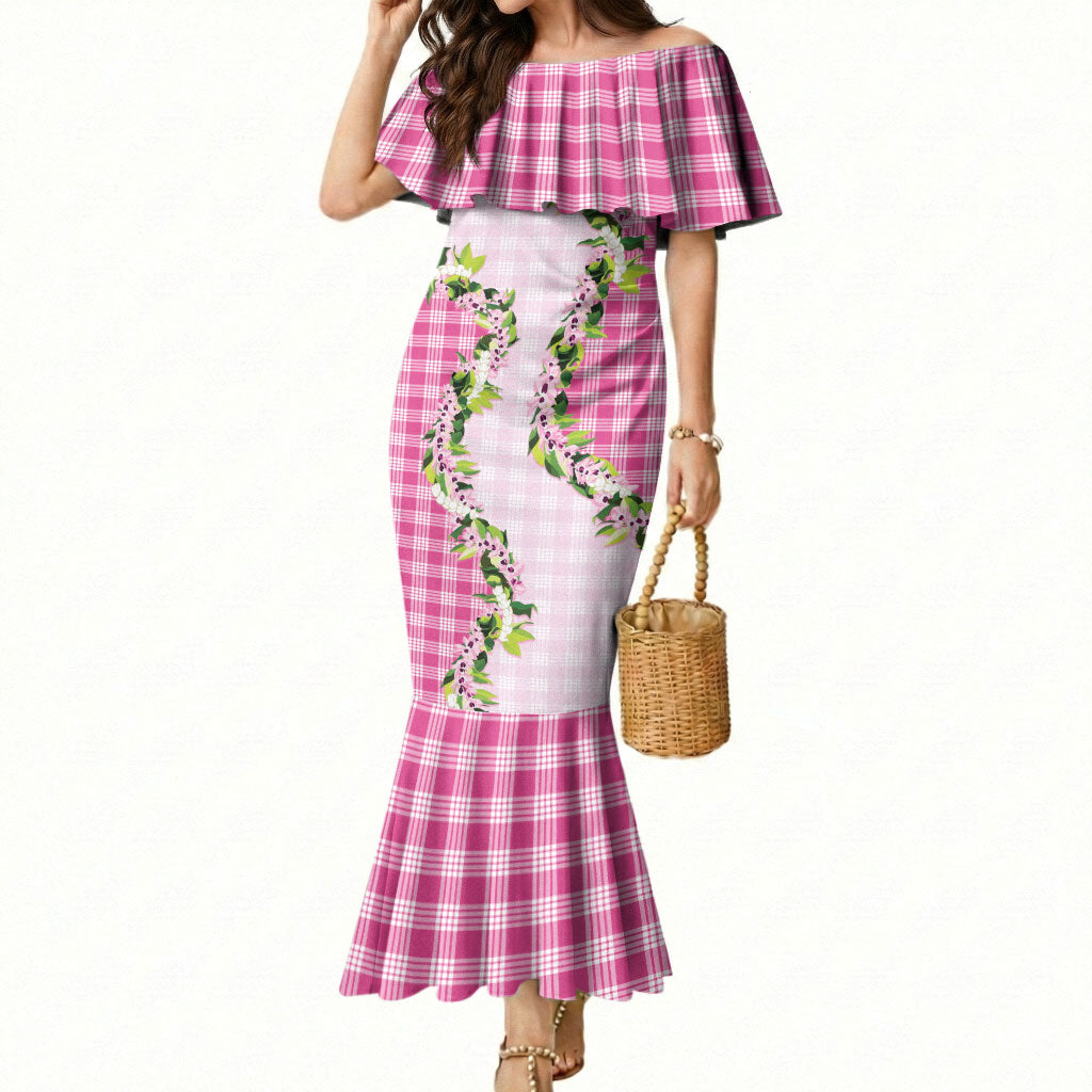 Pink Hawaii Palaka Mermaid Dress Maile Pikake Honohono Orchid Lei LT05 Women Pink - Polynesian Pride