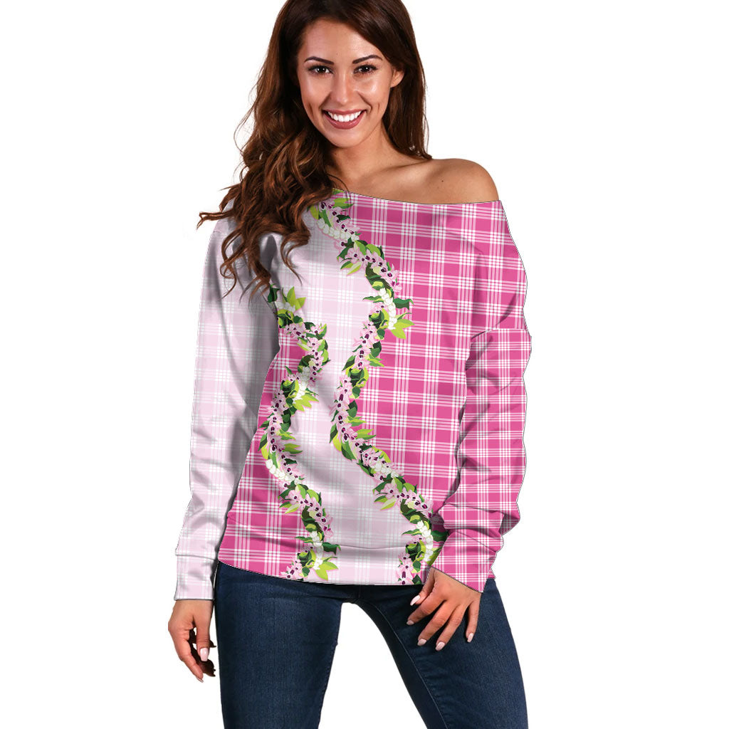 Pink Hawaii Palaka Off Shoulder Sweater Maile Pikake Honohono Orchid Lei LT05 Women Pink - Polynesian Pride