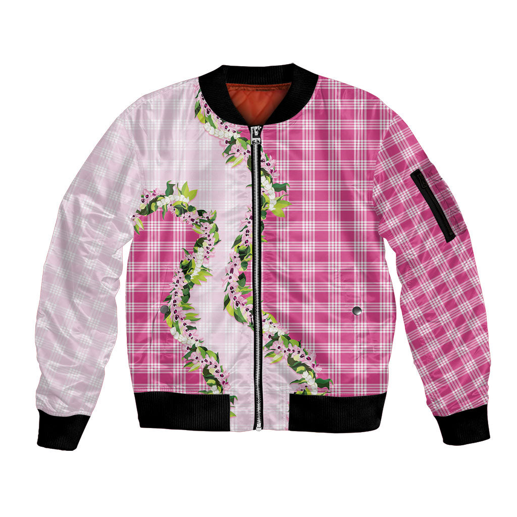Pink Hawaii Palaka Sleeve Zip Bomber Jacket Maile Pikake Honohono Orchid Lei LT05 Unisex Pink - Polynesian Pride