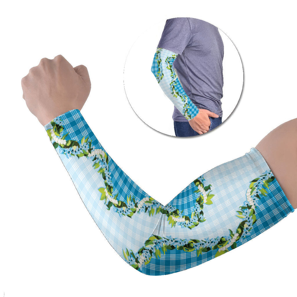 Blue Hawaii Palaka Arm Sleeves Maile Pikake Honohono Orchid Lei LT05 Set of 2 Blue - Polynesian Pride