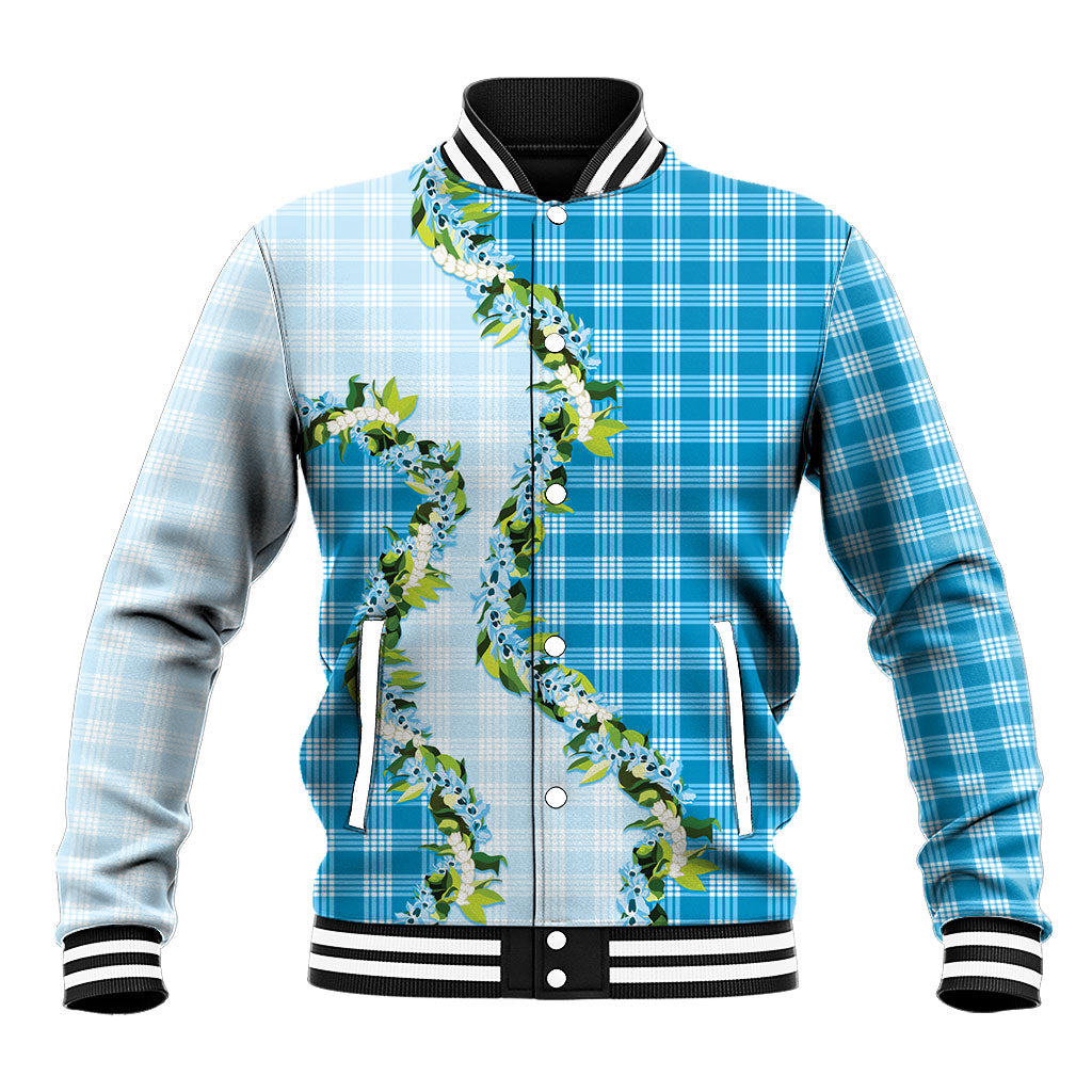 Blue Hawaii Palaka Baseball Jacket Maile Pikake Honohono Orchid Lei LT05 Unisex Blue - Polynesian Pride