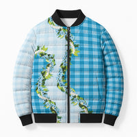 Blue Hawaii Palaka Bomber Puffer Jacket Maile Pikake Honohono Orchid Lei LT05 Unisex Blue - Polynesian Pride