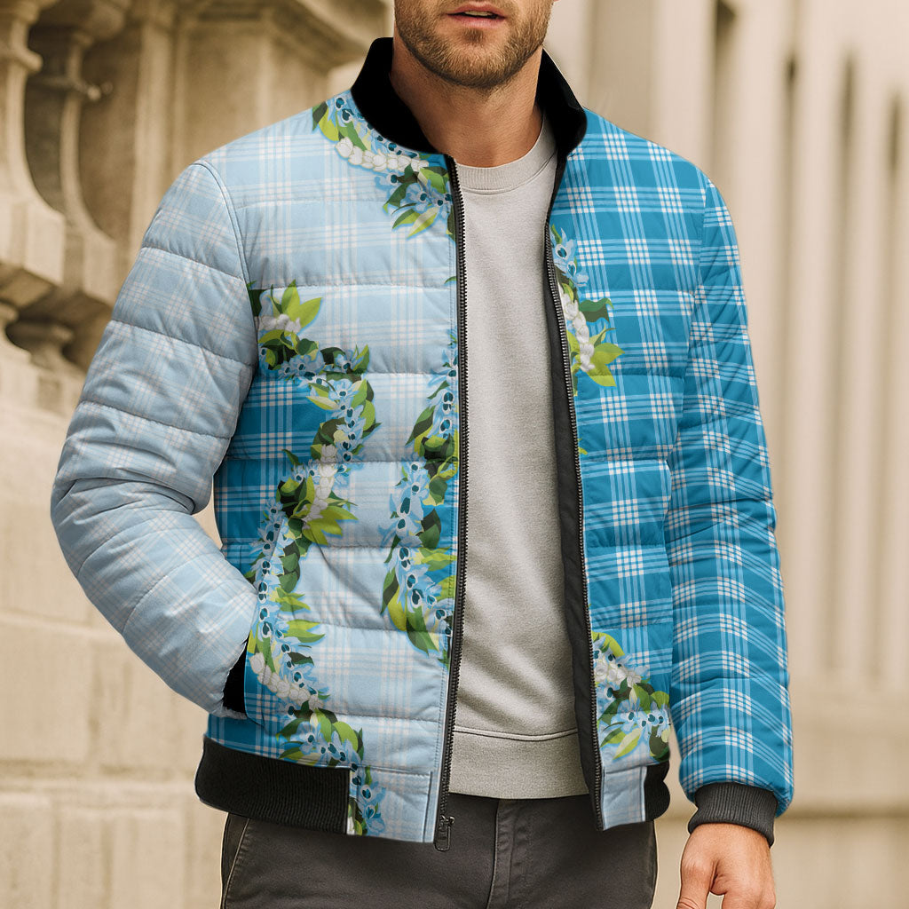 Blue Hawaii Palaka Bomber Puffer Jacket Maile Pikake Honohono Orchid Lei LT05 - Polynesian Pride