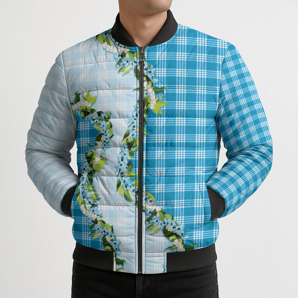 Blue Hawaii Palaka Bomber Puffer Jacket Maile Pikake Honohono Orchid Lei LT05 - Polynesian Pride