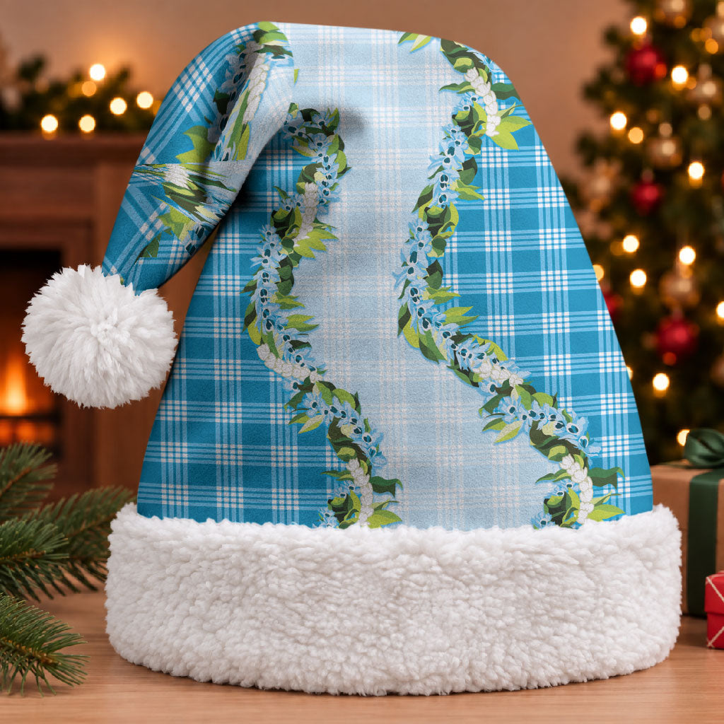 Blue Hawaii Palaka Christmas Santa Hat Maile Pikake Honohono Orchid Lei LT05 With Fur Blue - Polynesian Pride