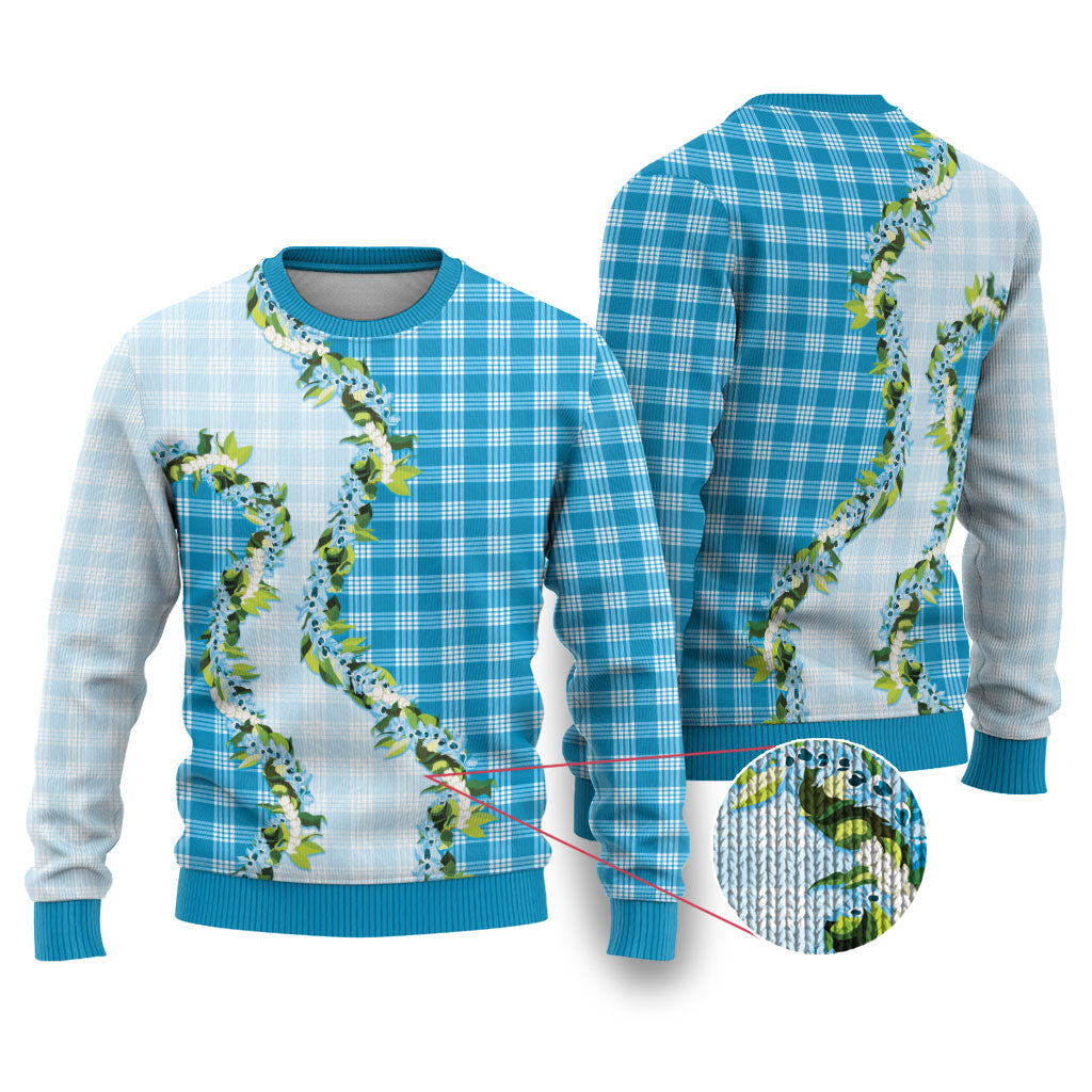 Blue Hawaii Palaka Ugly Christmas Sweater Maile Pikake Honohono Orchid Lei LT05 Blue - Polynesian Pride