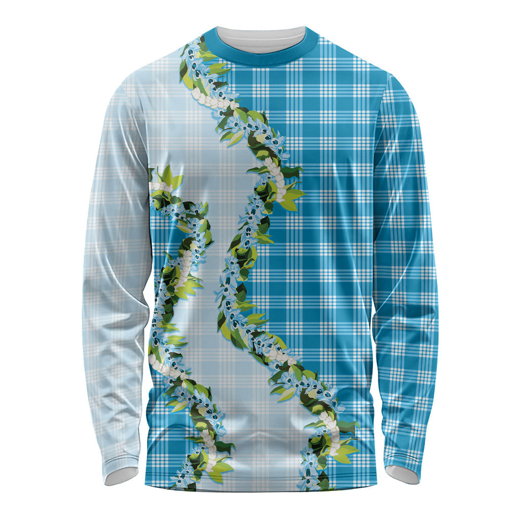 Blue Hawaii Palaka Long Sleeve Shirt Maile Pikake Honohono Orchid Lei LT05 Unisex Blue - Polynesian Pride