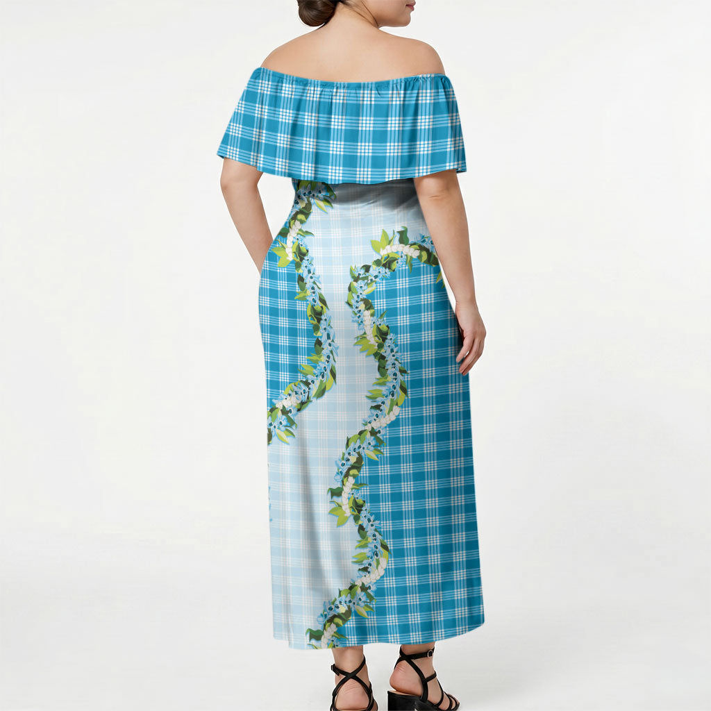 Blue Hawaii Palaka Off Shoulder Maxi Dress Maile Pikake Honohono Orchid Lei LT05 - Polynesian Pride