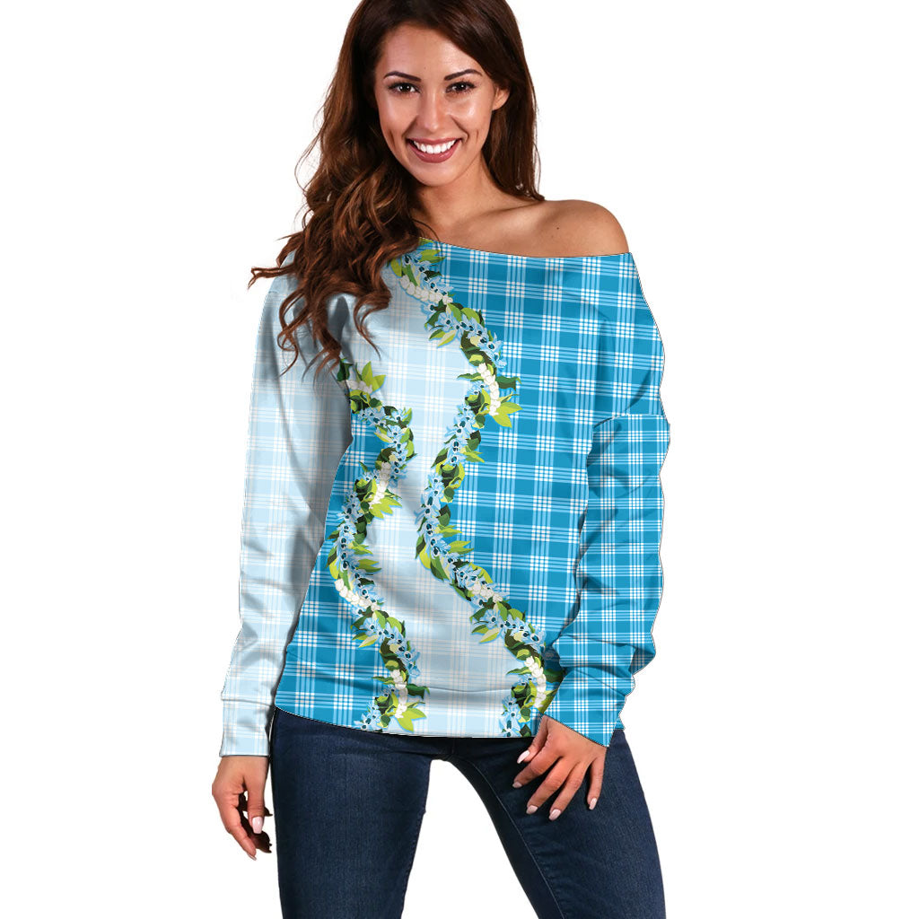 Blue Hawaii Palaka Off Shoulder Sweater Maile Pikake Honohono Orchid Lei LT05 Women Blue - Polynesian Pride