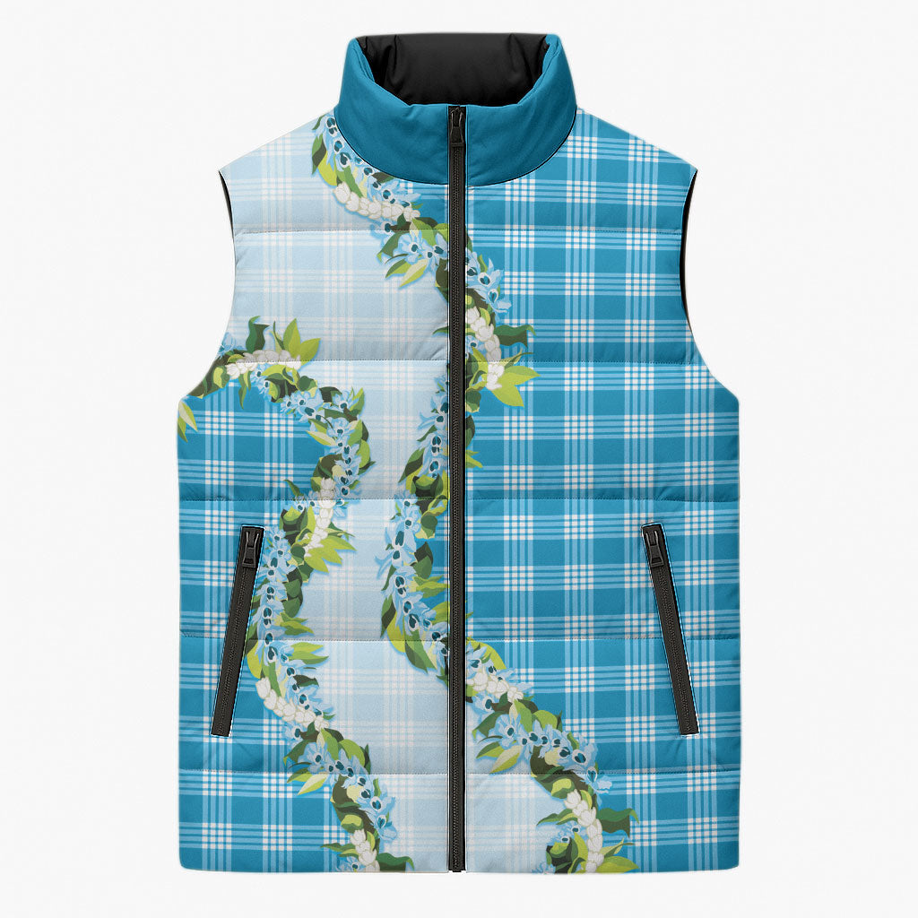 Blue Hawaii Palaka Sleeveless Puffer Jacket Maile Pikake Honohono Orchid Lei LT05 Unisex Blue - Polynesian Pride