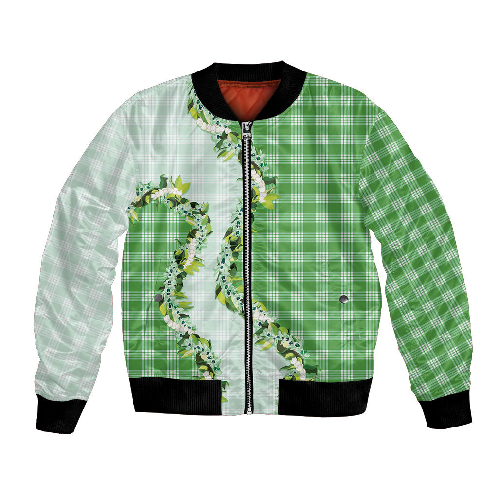 Green Hawaii Palaka Bomber Jacket Maile Pikake Honohono Orchid Lei LT05 Unisex Green - Polynesian Pride