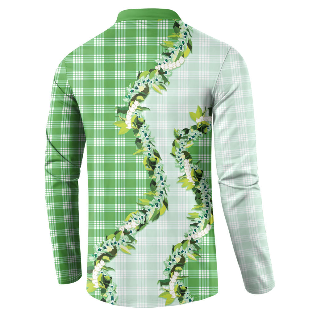 Green Hawaii Palaka Button Sweatshirt Maile Pikake Honohono Orchid Lei LT05 - Polynesian Pride
