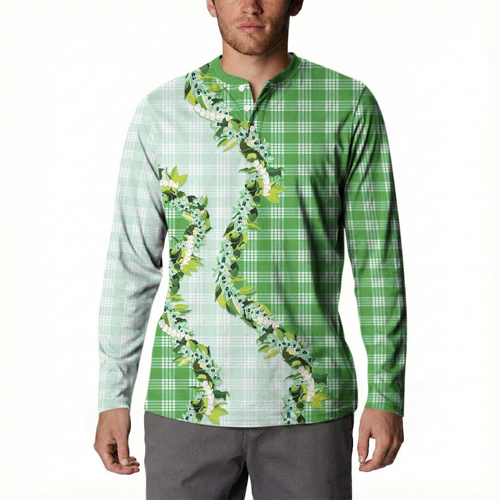 Green Hawaii Palaka Button Sweatshirt Maile Pikake Honohono Orchid Lei LT05 - Polynesian Pride