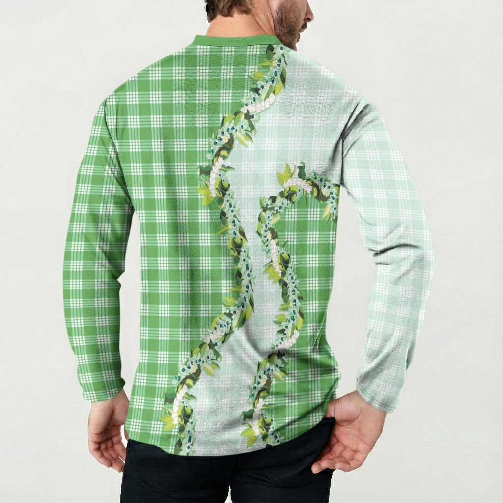 Green Hawaii Palaka Button Sweatshirt Maile Pikake Honohono Orchid Lei LT05 - Polynesian Pride