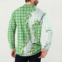 Green Hawaii Palaka Button Sweatshirt Maile Pikake Honohono Orchid Lei LT05 - Polynesian Pride
