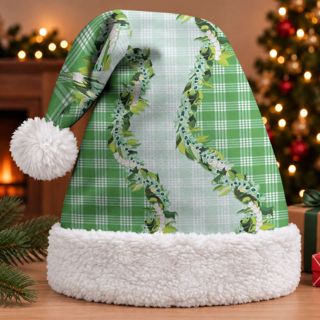 Green Hawaii Palaka Christmas Santa Hat Maile Pikake Honohono Orchid Lei LT05 With Fur Green - Polynesian Pride
