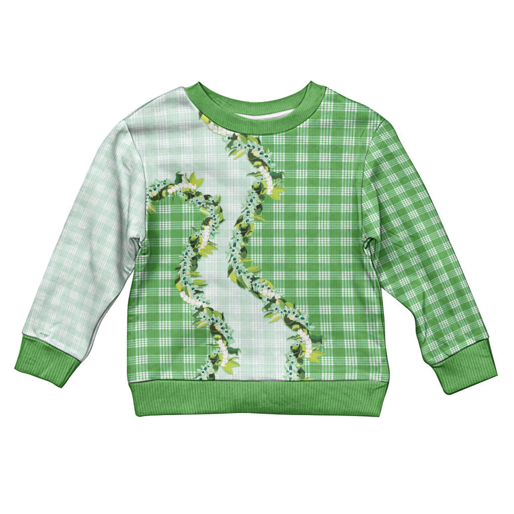 Green Hawaii Palaka Kid Ugly Christmas Sweater Maile Pikake Honohono Orchid Lei LT05 Kid Green - Polynesian Pride