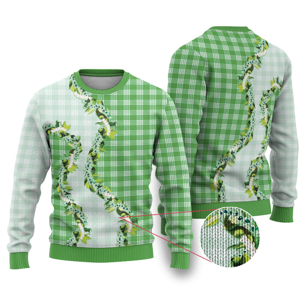 Green Hawaii Palaka Ugly Christmas Sweater Maile Pikake Honohono Orchid Lei LT05 Green - Polynesian Pride