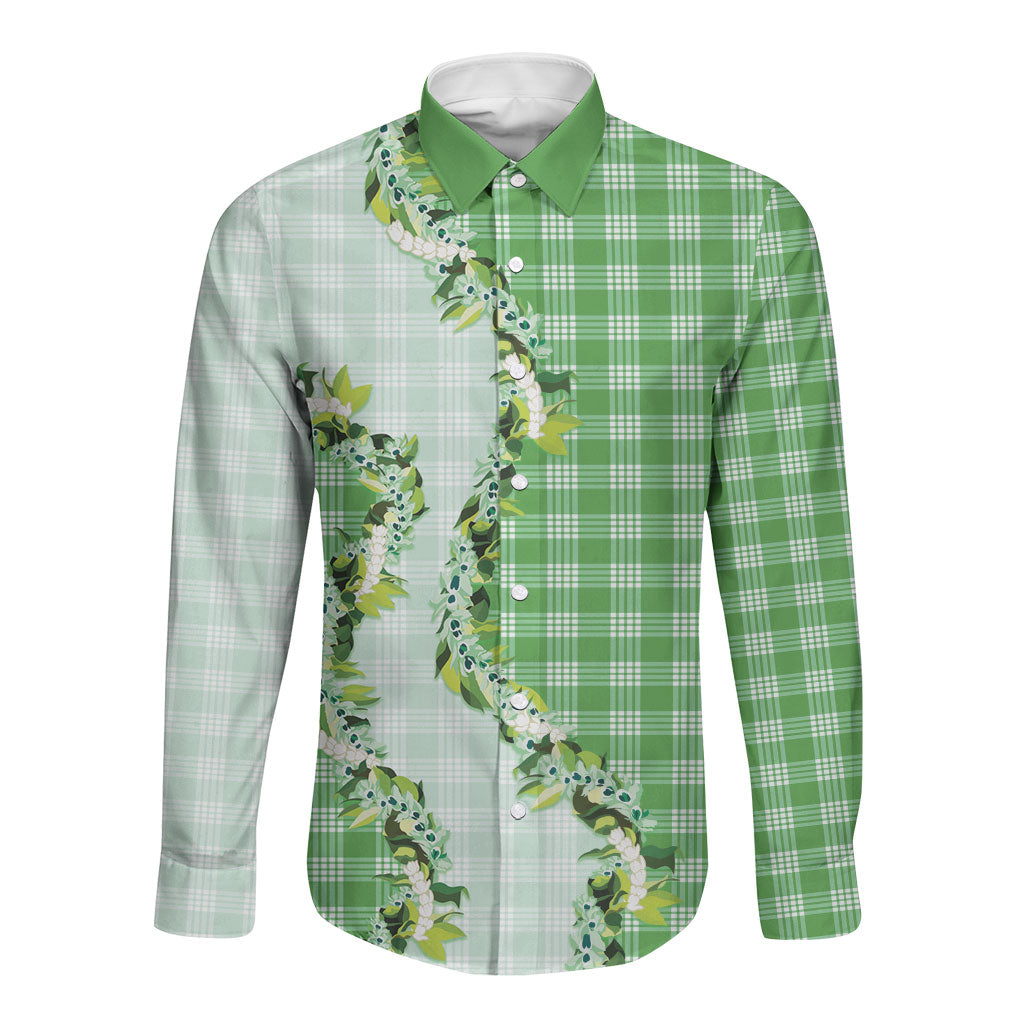 Green Hawaii Palaka Long Sleeve Button Shirt Maile Pikake Honohono Orchid Lei LT05 Unisex Green - Polynesian Pride