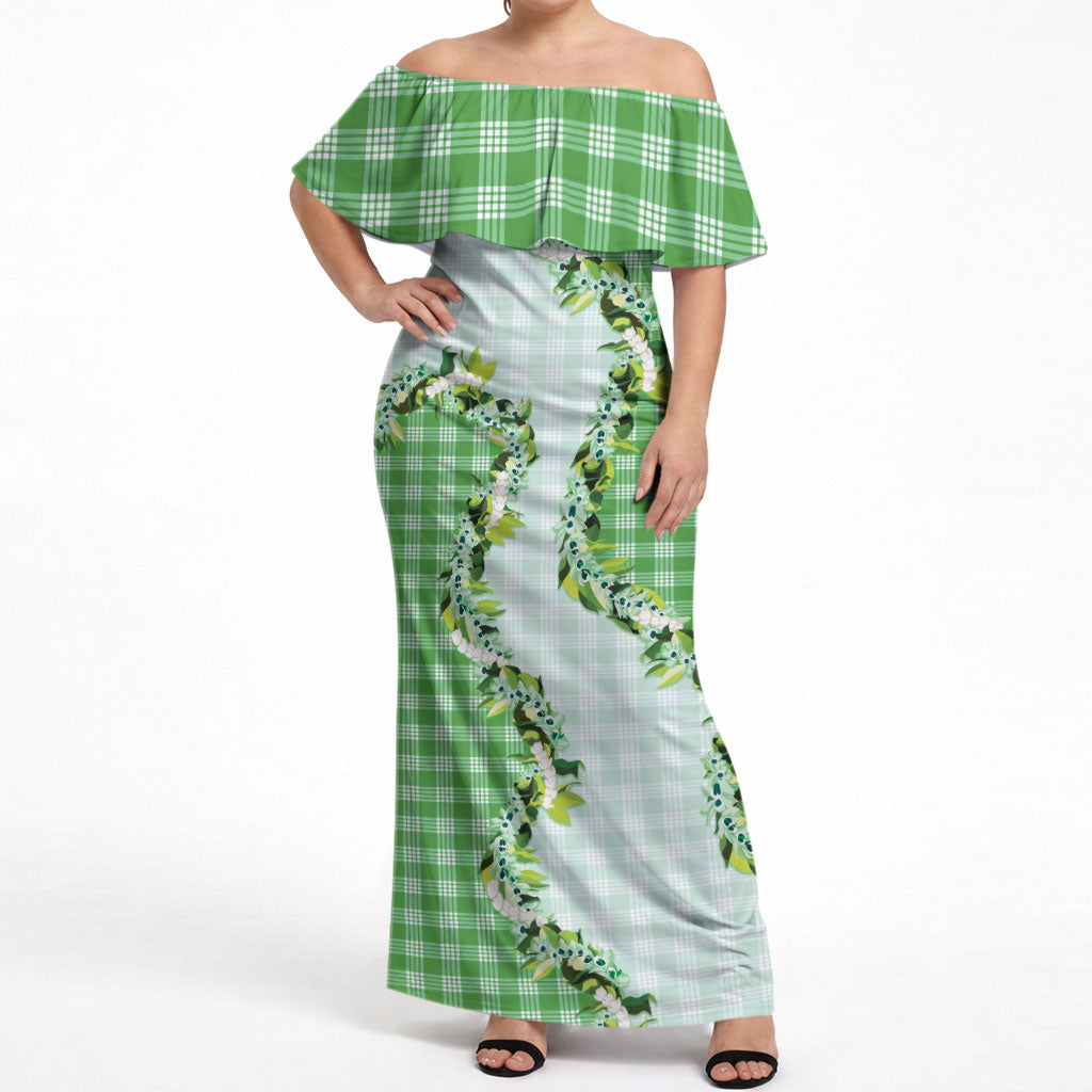 Green Hawaii Palaka Off Shoulder Maxi Dress Maile Pikake Honohono Orchid Lei LT05 Women Green - Polynesian Pride